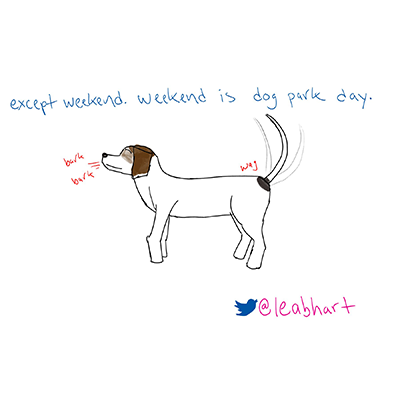 except weekend. weekend is dog park day. bark. bark. wag.